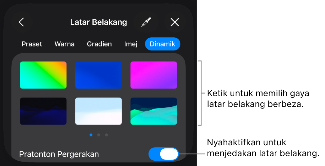 Kawalan latar belakang dinamik dengan imej kecil gaya latar belakang dan butang Pratonton Pergerakan dipaparkan.