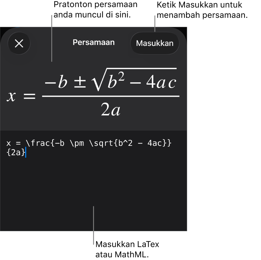 Dialog Persamaan, menunjukkan persamaan yang ditulis menggunakan perintah MathML manakala pratonton formulanya di atas.