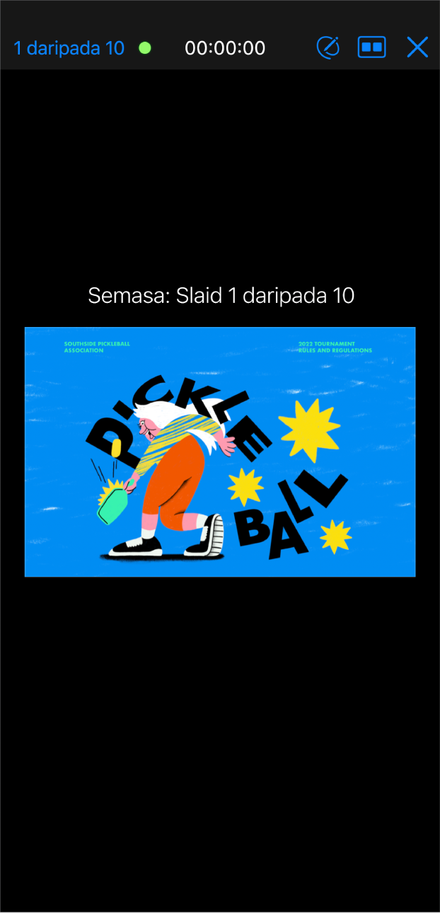 Tetingkap app Keynote dengan paparan pembentangan ditunjukkan. Slaid semasa kelihatan di tengah skrin. Bar alat kelihatan di bahagian atas skrin dengan kaunter slaid di sebelah kiri, masa di tengah dan butang Lukis, Tataletak dan Keluar di sebelah kanan.