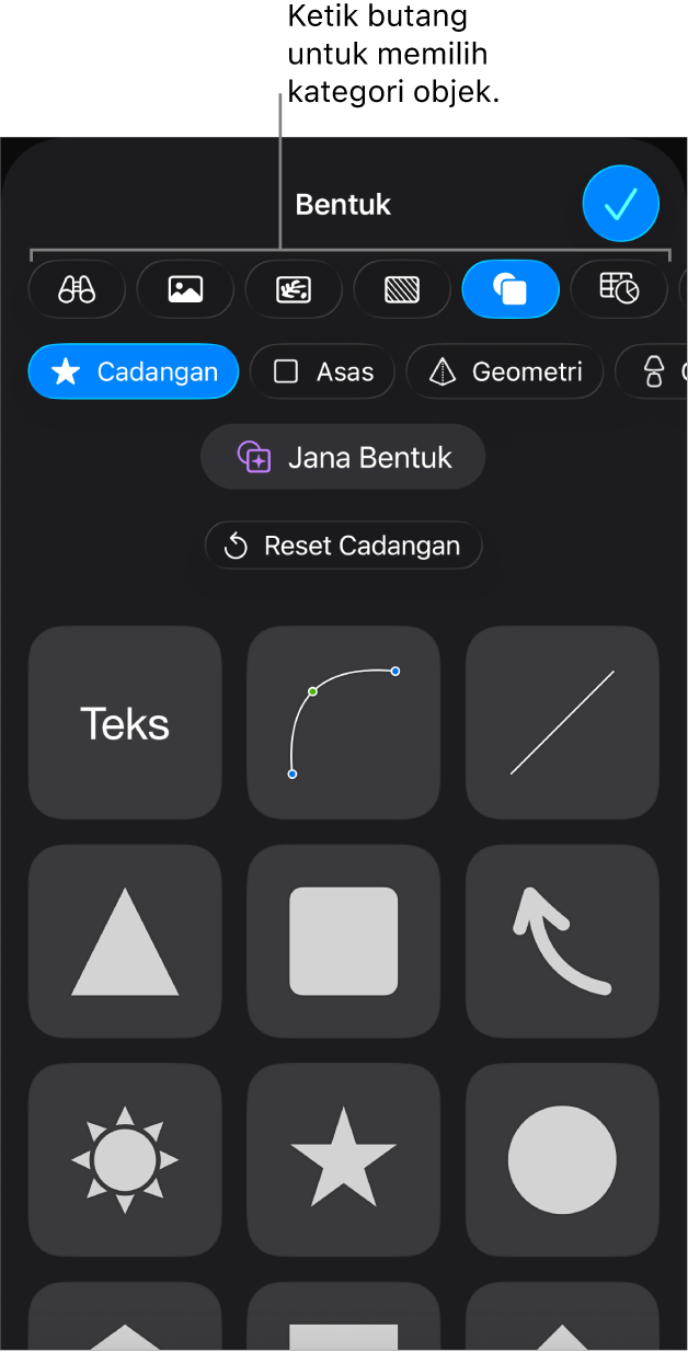 Kawalan untuk menambah objek, dengan butang di bahagian atas untuk memilih jadual, carta, bentuk (termasuk garis dan kotak teks) serta media.