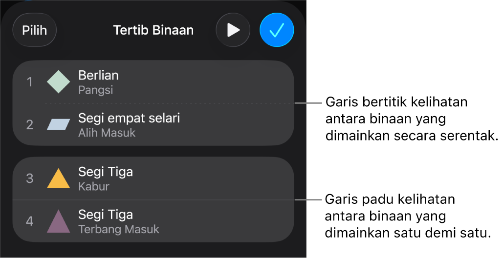 Menu Tertib Binaan, dengan garis bertitik kelihatan antara binaan yang dimainkan serentak dan garis padu antara binaan yang dimainkan satu demi satu.