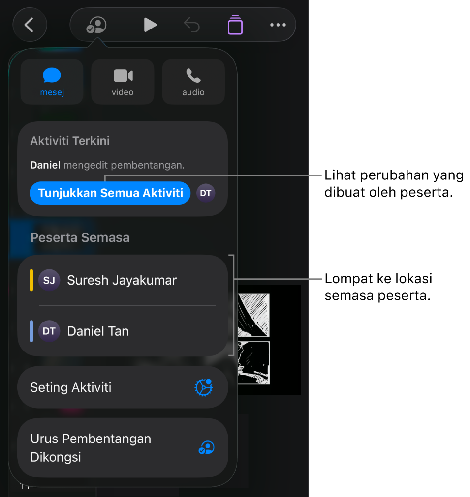 Menu kerjasama dengan peserta semasa disenaraikan.