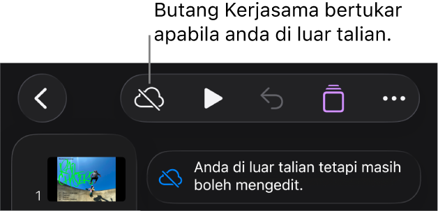 Butang di bahagian atas skrin, dengan butang Kerjasama bertukar menjadi awan dengan garis pepenjuru merentasinya. Isyarat pada skrin menyatakan “Anda di luar talian tetapi masih boleh mengedit”.