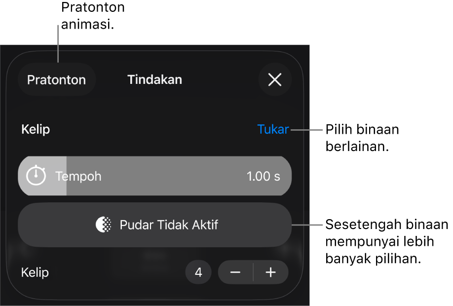 Pilihan binaan menyertakan Tempoh dan Masa mula. Ketik Tukar untuk memilih binaan yang berbeza, atau ketik Pratonton untuk pratonton binaan.
