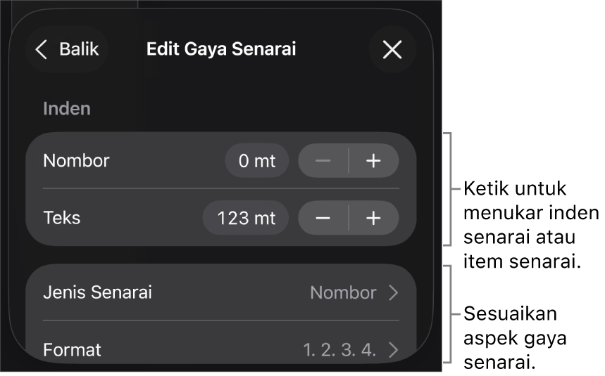 Menu Edit Gaya Senarai dengan kawalan untuk mengedit jenis dan penampilan senarai.