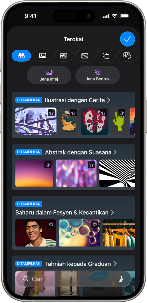 Kategori Teroka daripada Hab Kandungan menunjukkan pilihan untuk menjana imej atau menambah imej premium ke slaid.