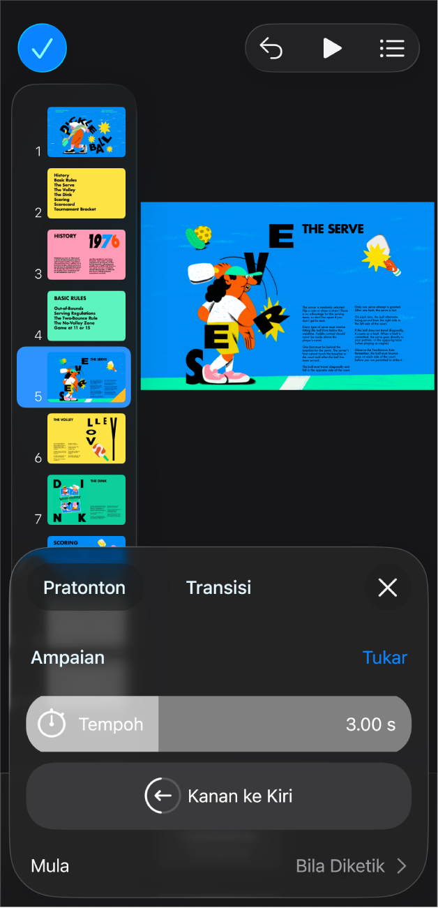 App Keynote dengan slaid dipilih dalam penavigasi slaid di sebelah kiri skrin. Butang Transisi kelihatan dalam menu di sebelah kanan slaid dipilih.