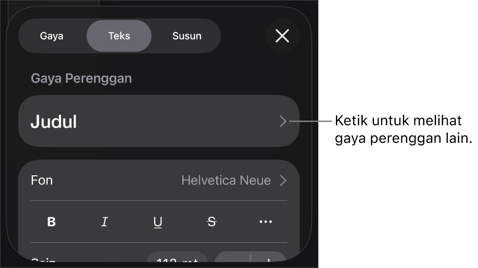 Menu Format menunjukkan kawalan teks untuk mengesetkan perenggan dan gaya, fon, saiz dan warna aksara.