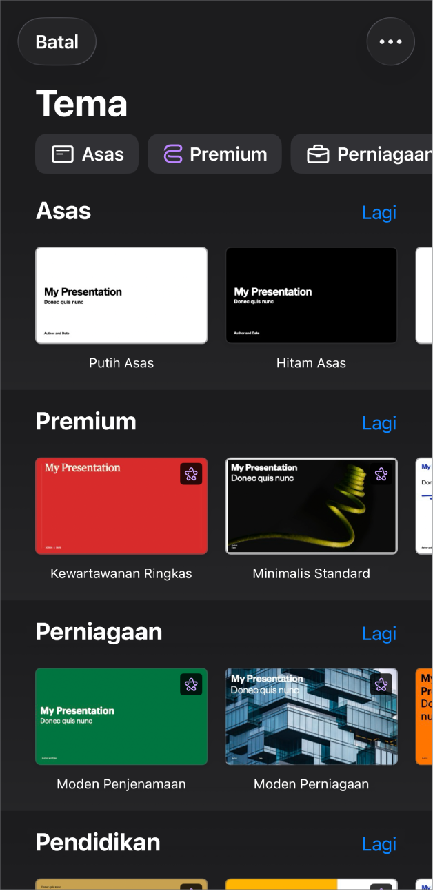 Pemilih tema, menunjukkan baris kategori merentas bahagian atas yang anda boleh ketik untuk menapis pilihan. Di bawah ialah imej kecil tema yang diprareka bentuk disusun dalam baris mengikut kategori.