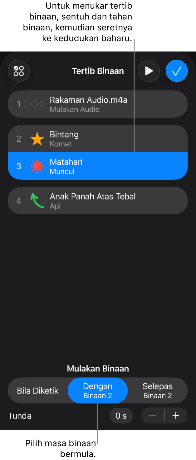 Senarai Tertib Binaan menunjukkan kesan bina masuk dengan lencana kuning dan kesan bina keluar dengan lencana kelabu.