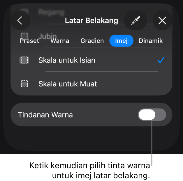 Kawalan Latar Belakang dengan imej disetkan sebagai latar belakang slaid dan kawalan Tindanan Warna di bahagian bawah.