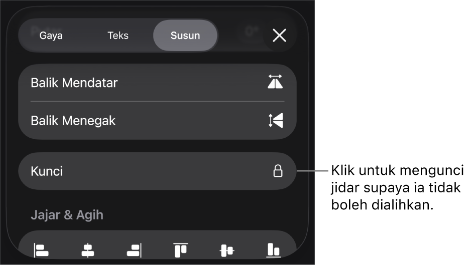 Kawalan Susun dalam menu Format dengan butang Kunci aktif.