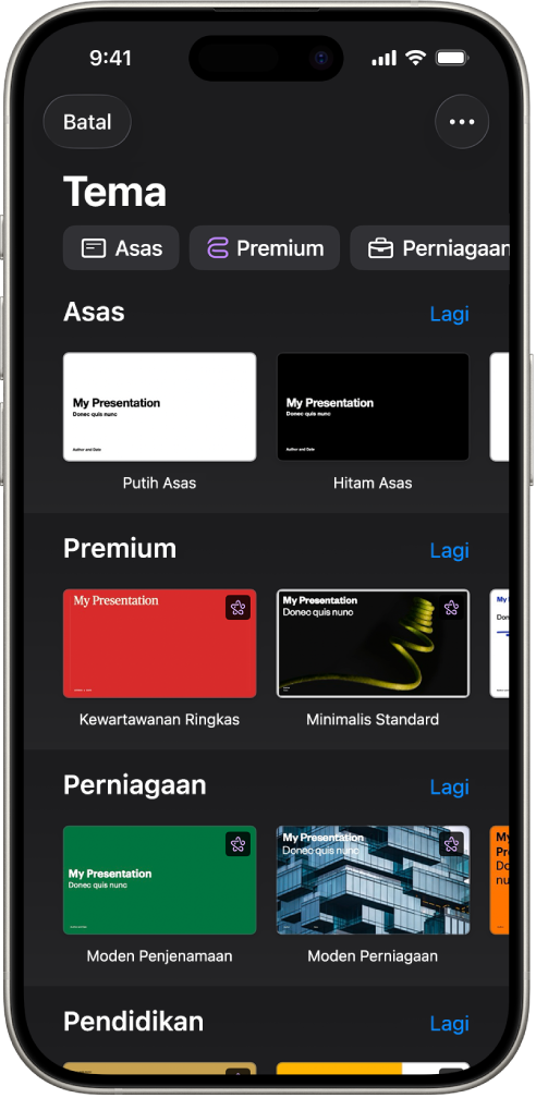 &nbsp;Pemilih tema, menunjukkan baris kategori merentas bahagian atas yang anda boleh ketik untuk menapis pilihan. Di bawah ialah imej kecil tema yang diprareka bentuk disusun dalam baris mengikut kategori.