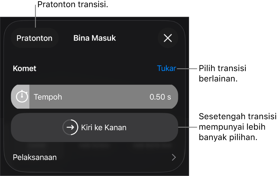 Kawalan dalam anak tetingkap Pilihan untuk mengubah suai transisi.