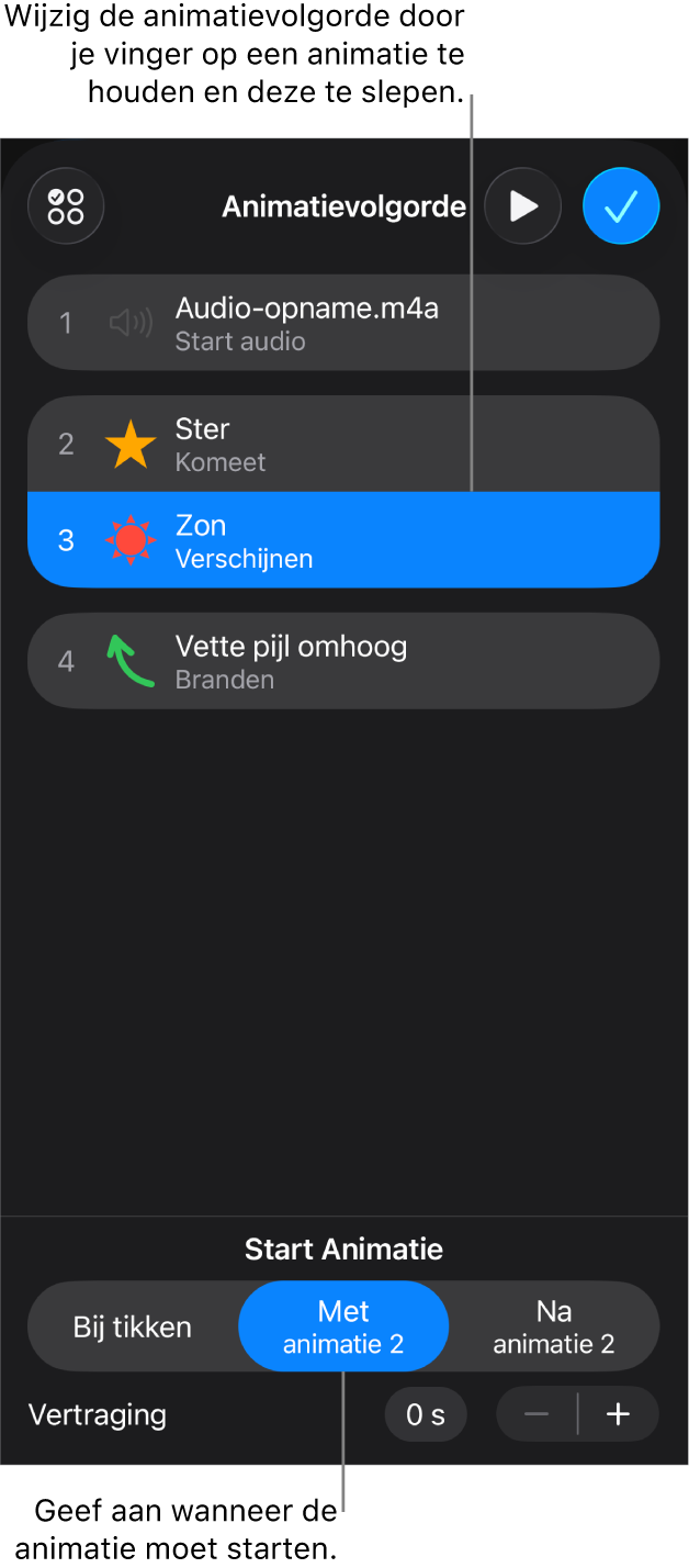 De lijst 'Animatievolgorde' met begineffecten met gele symbolen en eindeffecten met grijze symbolen.