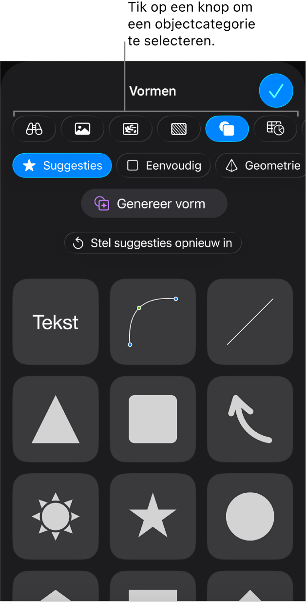 De regelaars waarmee je een object toevoegt, met bovenaan knoppen waarmee je tabellen, diagrammen, vormen (waaronder lijnen en tekstvakken) en media kiest.