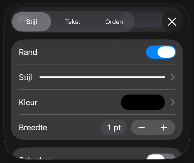 De regelaars voor het aanpassen van de randstijl.