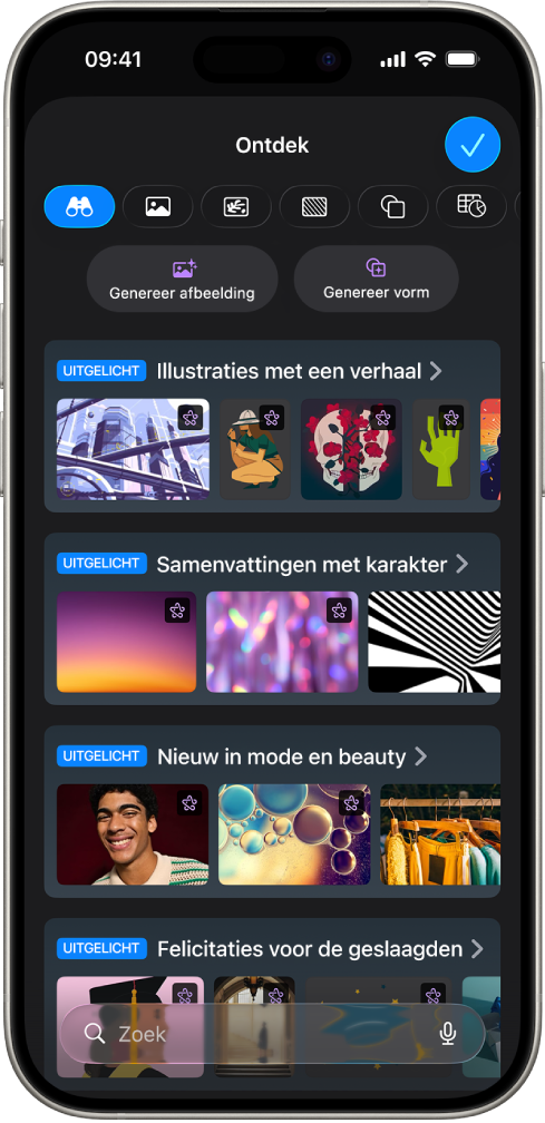 De categorie 'Ontdek' van de contenthub, met opties om een afbeelding te genereren of premiumafbeeldingen aan een dia toe te voegen.