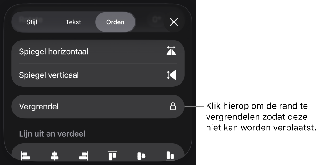 De ordenfuncties in het opmaakmenu met uitleg bij de knop 'Vergrendel'.