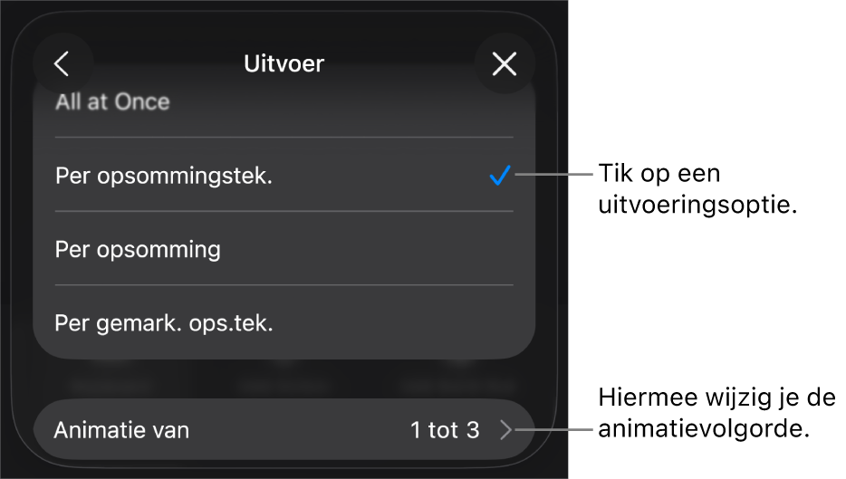 Uitvoeringsopties in het paneel 'Animatie in'.