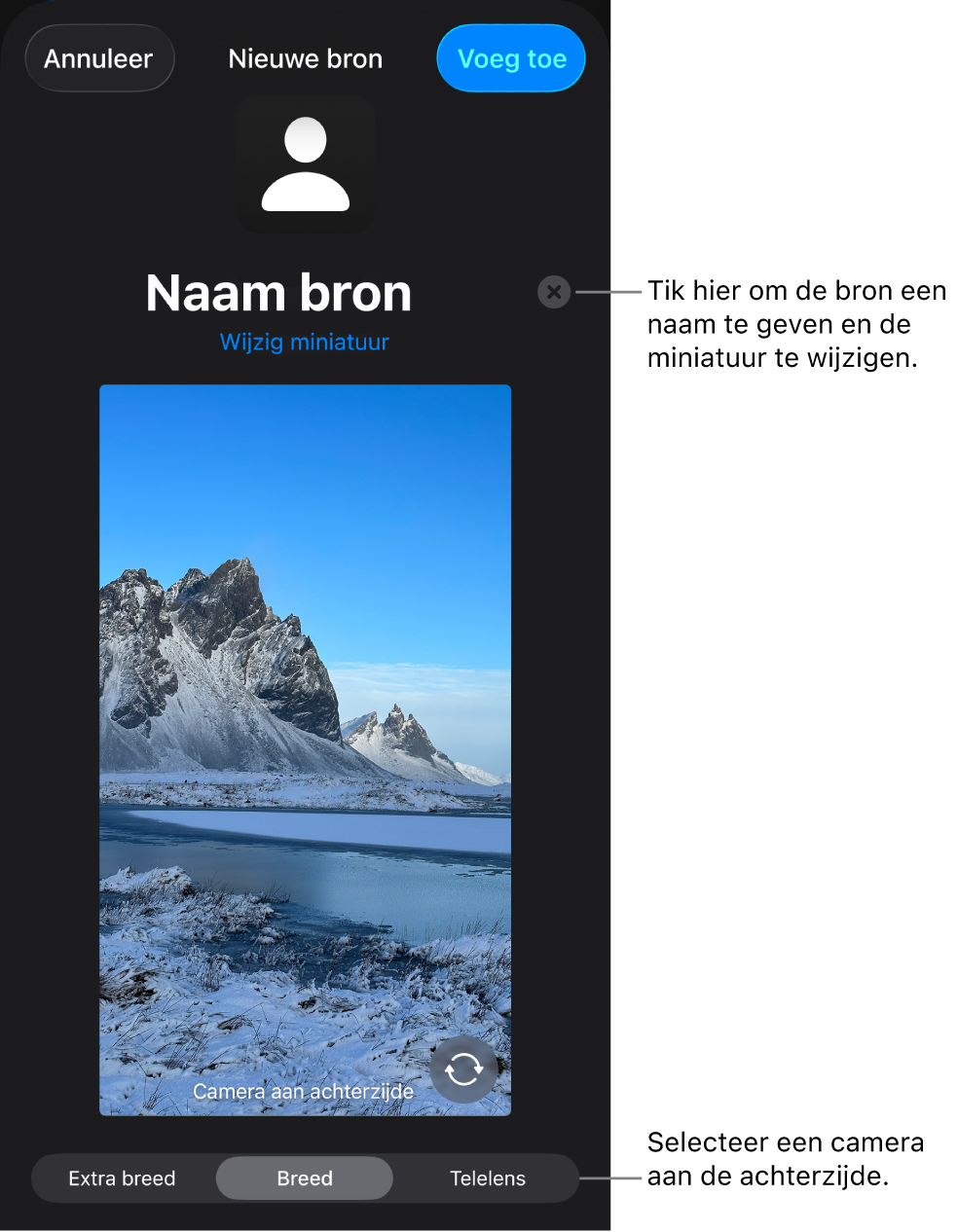 Het venster 'Nieuwe bron' met regelaars om de naam en miniatuur van de bron te wijzigen boven een livevoorvertoning van de camera. Als de iPhone meerdere camera's aan de achterkant heeft, verschijnen er onder in het scherm knoppen om de gewenste camera te selecteren.