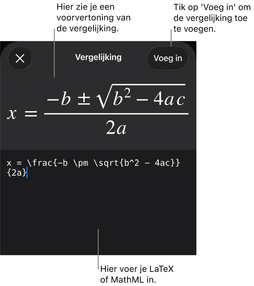 Het venster 'Vergelijking' met daarin een vergelijking die geschreven is met MathML-commando's en erboven een voorvertoning van de formule.