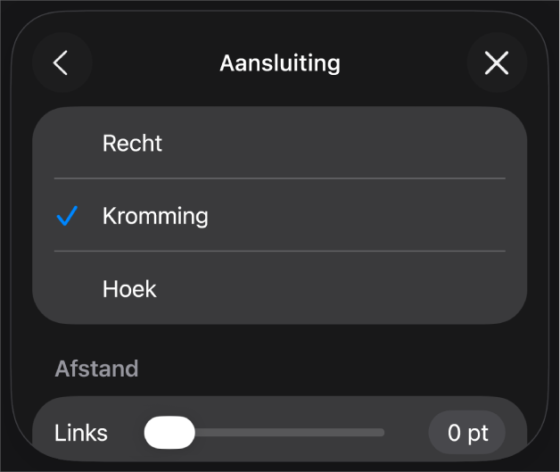De aansluitingsregelaars waarbij 'Curve' is geselecteerd.