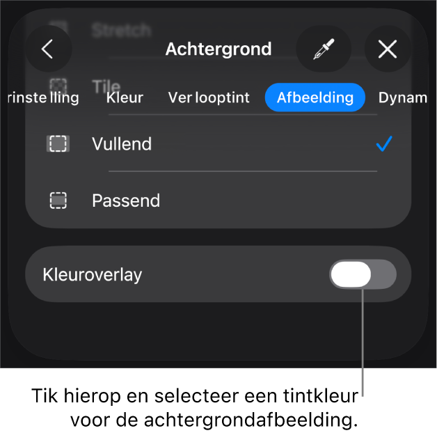 De achtergrondregelaars; als dia-achtergrond is een afbeelding ingesteld en onderaan staat de regelaar 'Kleuroverlay'.