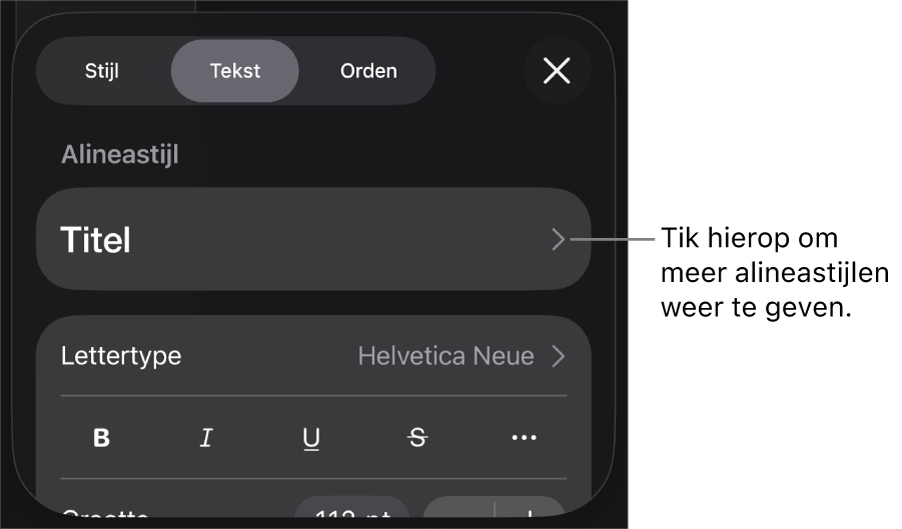 Het opmaakmenu met tekstregelaars voor het instellen van alinea- en tekenstijl, lettertype, lettergrootte en kleur.