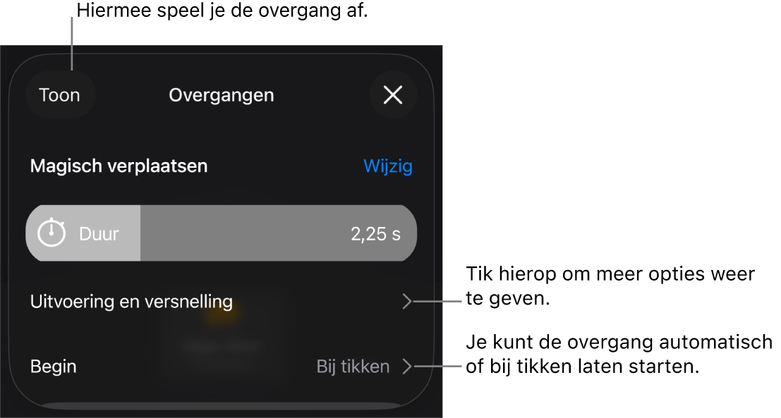 Regelaars voor 'Magisch verplaatsen' in het paneel 'Overgangen'.