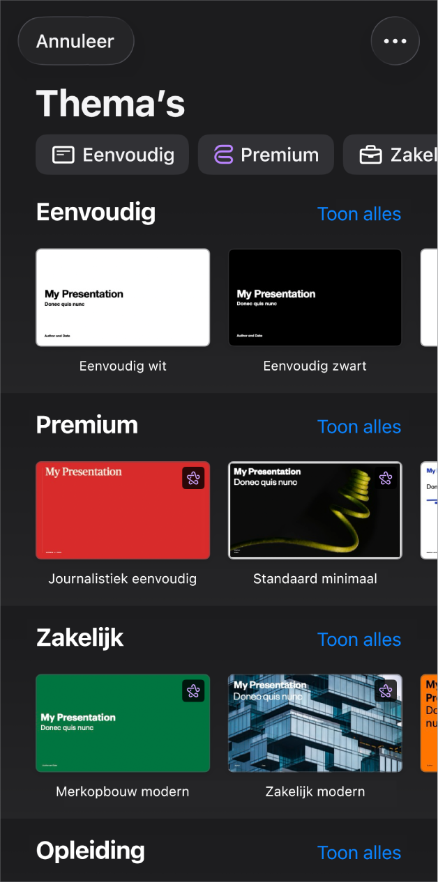 De themakiezer met bovenin een rij met categorieën waarmee je de beschikbare thema's kunt filteren. Daaronder staan miniaturen van vooraf gedefinieerde thema's die per categorie zijn gerangschikt. Bovenin staat de categorie 'Eenvoudig' en daaronder 'Minimaal' en 'Gedurfd'. Boven elke categorie staat de knop 'Toon alles' (aan de rechterkant). Linksboven staat de knop 'Annuleer'.