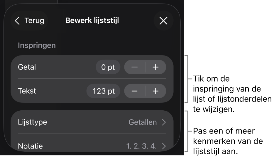 Het menu 'Bewerk lijststijl' met regelaars voor het wijzigen van het lijsttype en de vormgeving van de lijst.