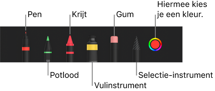 De knoppenbalk voor tekenen met een pen, potlood, krijt, vulinstrument, gum en selectie-instrument en een kleurenvak met de huidige kleur.