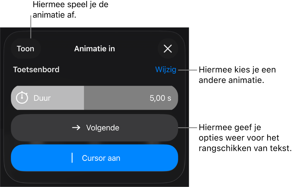 Je kunt opties instellen als 'Duur', 'Tekstanimatie' en 'Uitvoer'. Tik op 'Wijzig' om een andere animatie te kiezen. Tik op 'Toon' voor een voorvertoning van de animatie.
