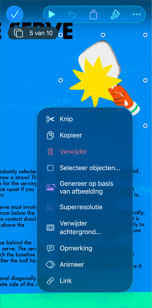 De Keynote-app met een geselecteerd object. Boven het geselecteerde object staat een menu met de knop 'Animeer'.