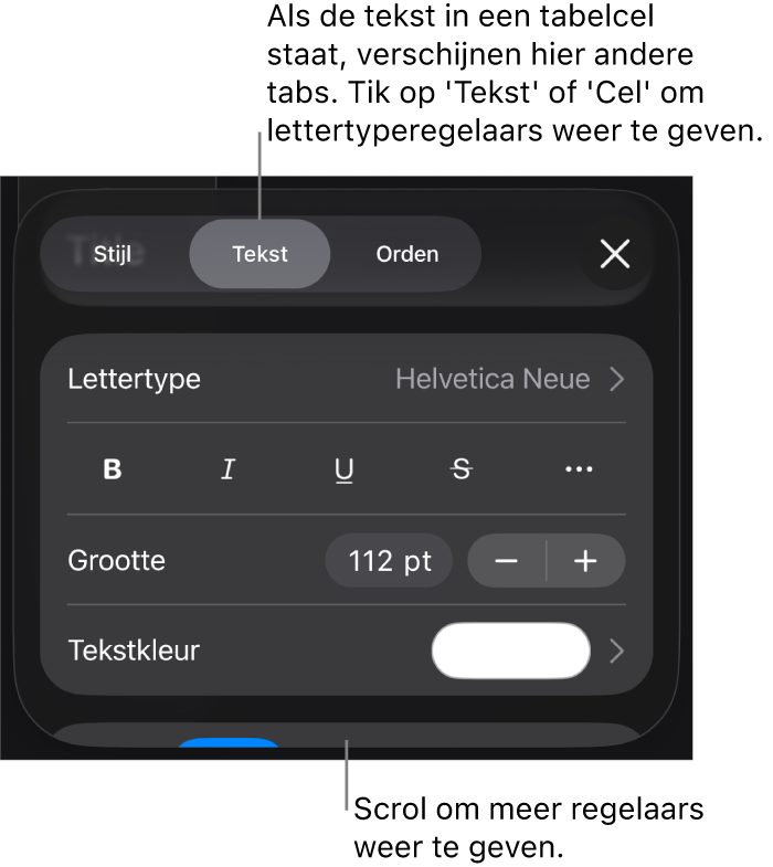Tekstregelaars in het opmaakmenu voor het instellen van alinea- en tekenstijl, lettertype, lettergrootte en kleur.