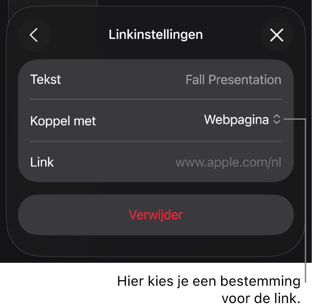 De regelaars voor linkinstellingen. 'Webpagina' is geselecteerd en onderaan staat de knop 'Verwijder'.