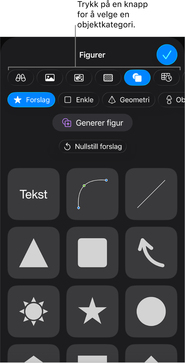 Kontrollene for å legge til et objekt, med knapper øverst for velge tabeller, diagrammer, figurer (inkludert linjer og tekstruter) og medier.