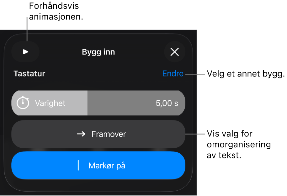 Blant Bygg inn-valgene finner du Varighet, Tekstanimasjon og Levering. Trykk på Endre for å velge et annet bygg, eller trykk på Forhåndsvis for å forhåndsvise bygget.