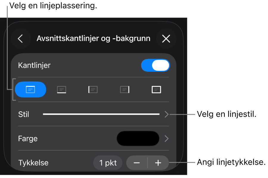 Kontroller for å endre stil, tykkelse, plassering og farge for linjen.