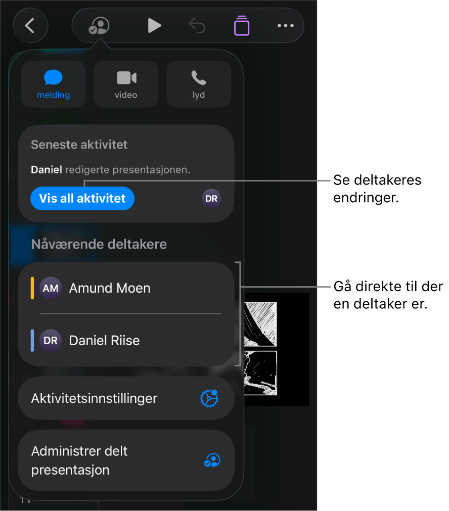 Samarbeidsmenyen, som viser gjeldende deltakere.