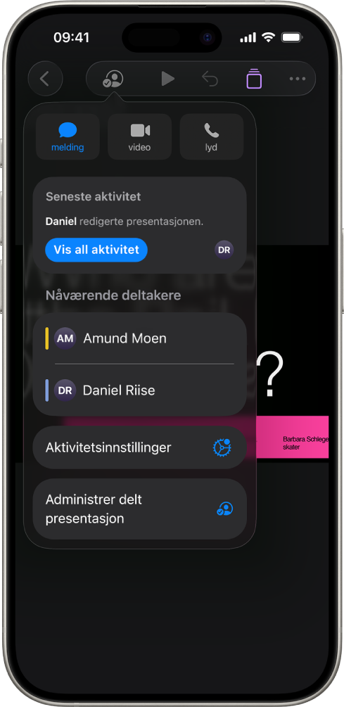 Samarbeid-menyen, som viser navnene til personer som samarbeider om presentasjonen.