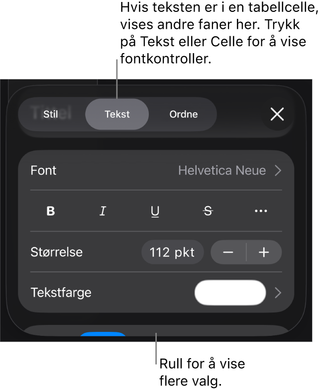 Tekstkontroller i Format-menyen for å angi avsnitts- og tegnstiler, font, størrelse og farge.