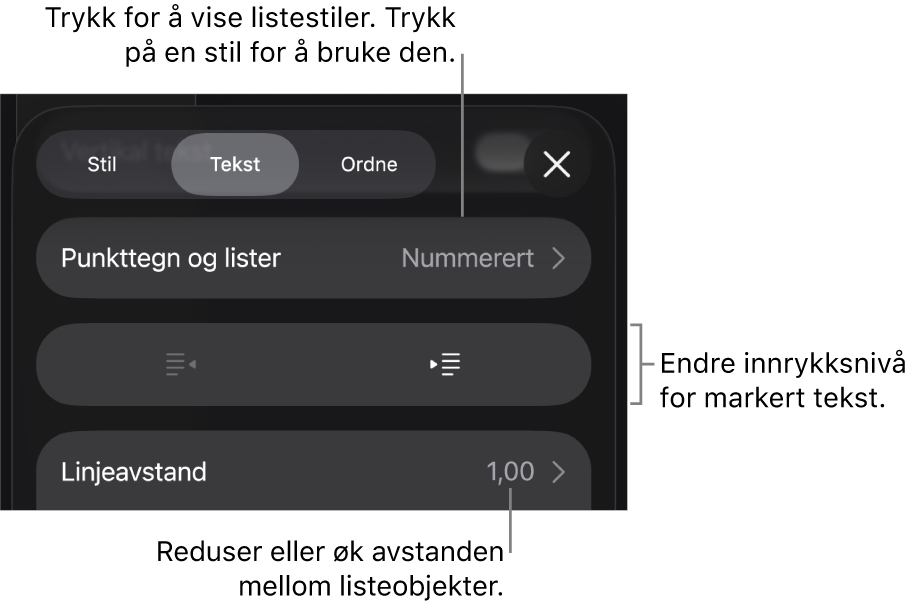 Punkttegn og lister-delen i Format-kontroller med bildeforklaringer for Punkttegn og lister, utrykk- og innrykk-knapper og linjeavstandskontroller.