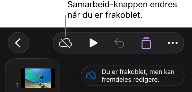 Knappene øverst på skjermen, med Samarbeid-knappen endret til en sky med en diagonal linje gjennom. I et varsel på skjermen står det: «Du er frakoblet, men kan fremdeles redigere.»