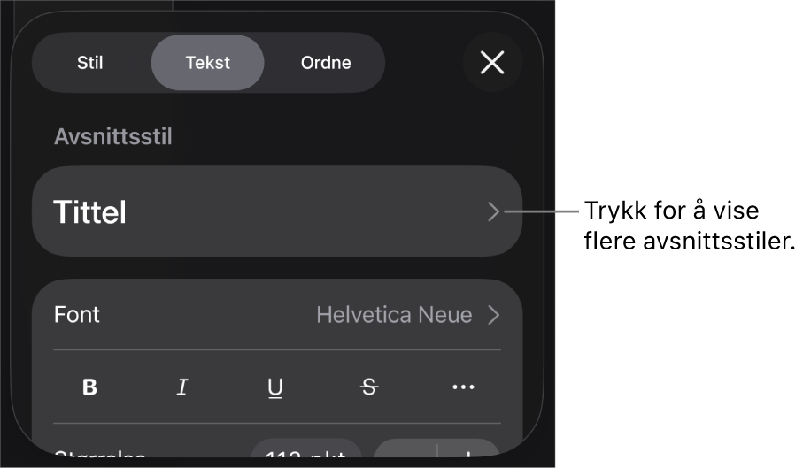 Format-menyen som viser tekstkontroller for å angi avsnitts- og tegnstiler, font, størrelse og farge.