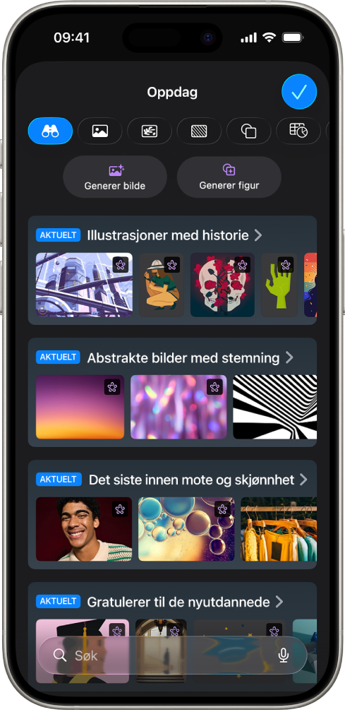 Oppdag-kategorien i innholdshuben viser valg for å generere et bilde eller legge til premium-bilder i et lysbilde.