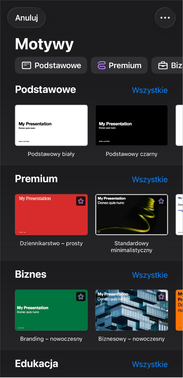 Paleta motywów z widocznym na górze wierszem kategorii, w które możesz stuknąć, aby filtrować dostępne motywy. Poniżej widoczne są miniaturki gotowych motywów uporządkowane wierszami według kategorii.