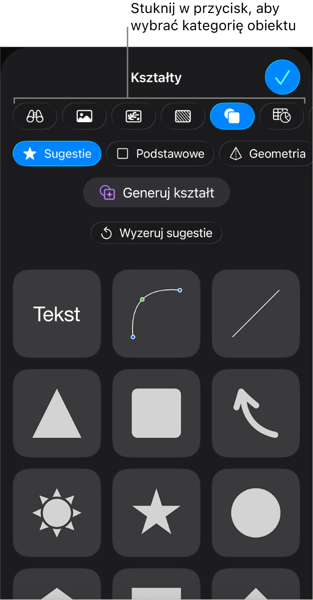 Narzędzia do dodawania obiektu; na górze widoczne są przyciski pozwalające wybrać tabele, wykresy, kształty (w tym linie i pola tekstowe) oraz multimedia.