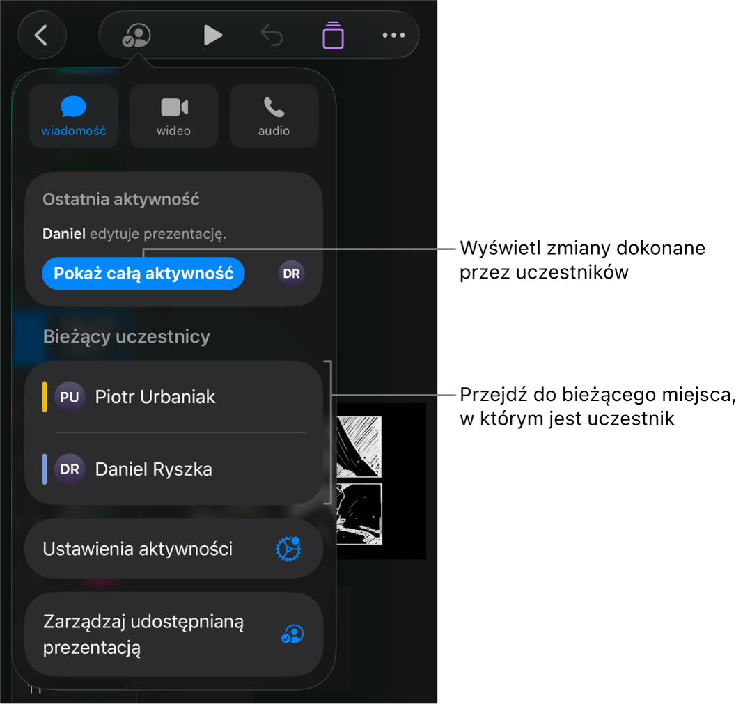 Menu współpracy z wymienionymi aktualnymi uczestnikami.